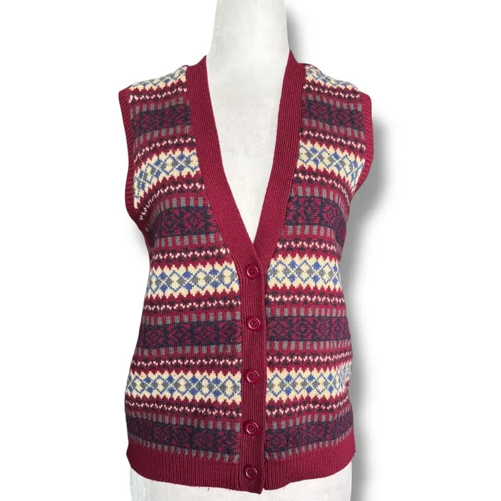 Vintage Talbots Fair Isle Wool Sweater Vest Burgundy Button Front Petite Preppy‎
